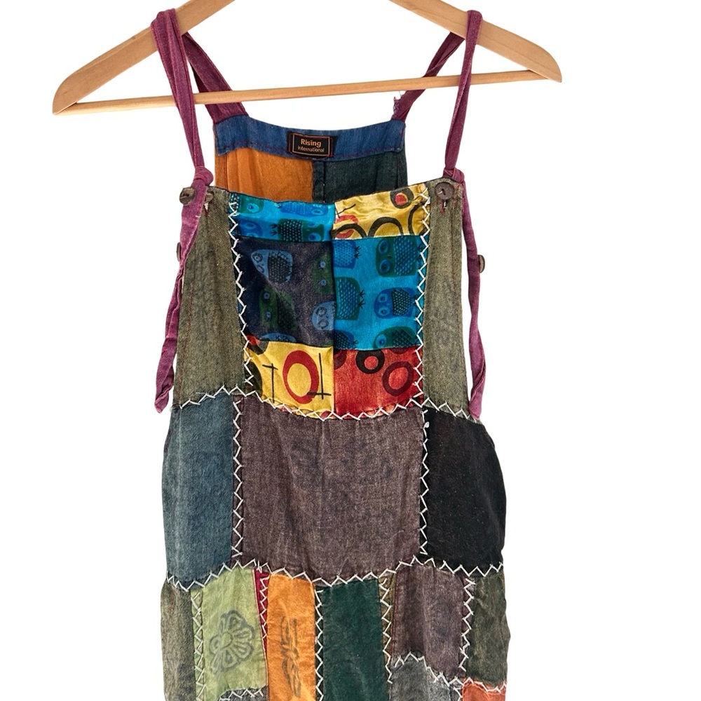 Rising International Boho Hippie Quilt Cross Stitch Block Print Pattern Overalls - Picture 7 of 16
